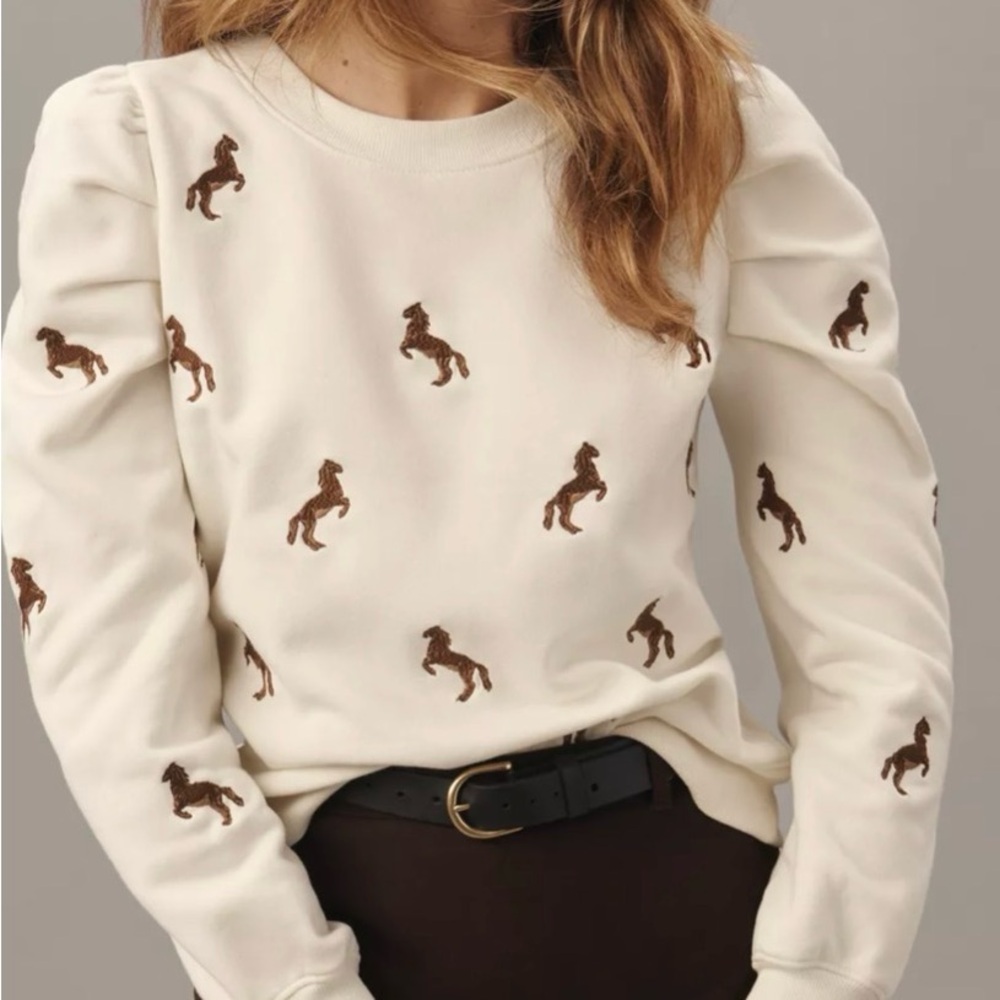 Anthropologie Maeve Cream Pullover Puff Sleeve Sweatshirt with Horse Embroidery